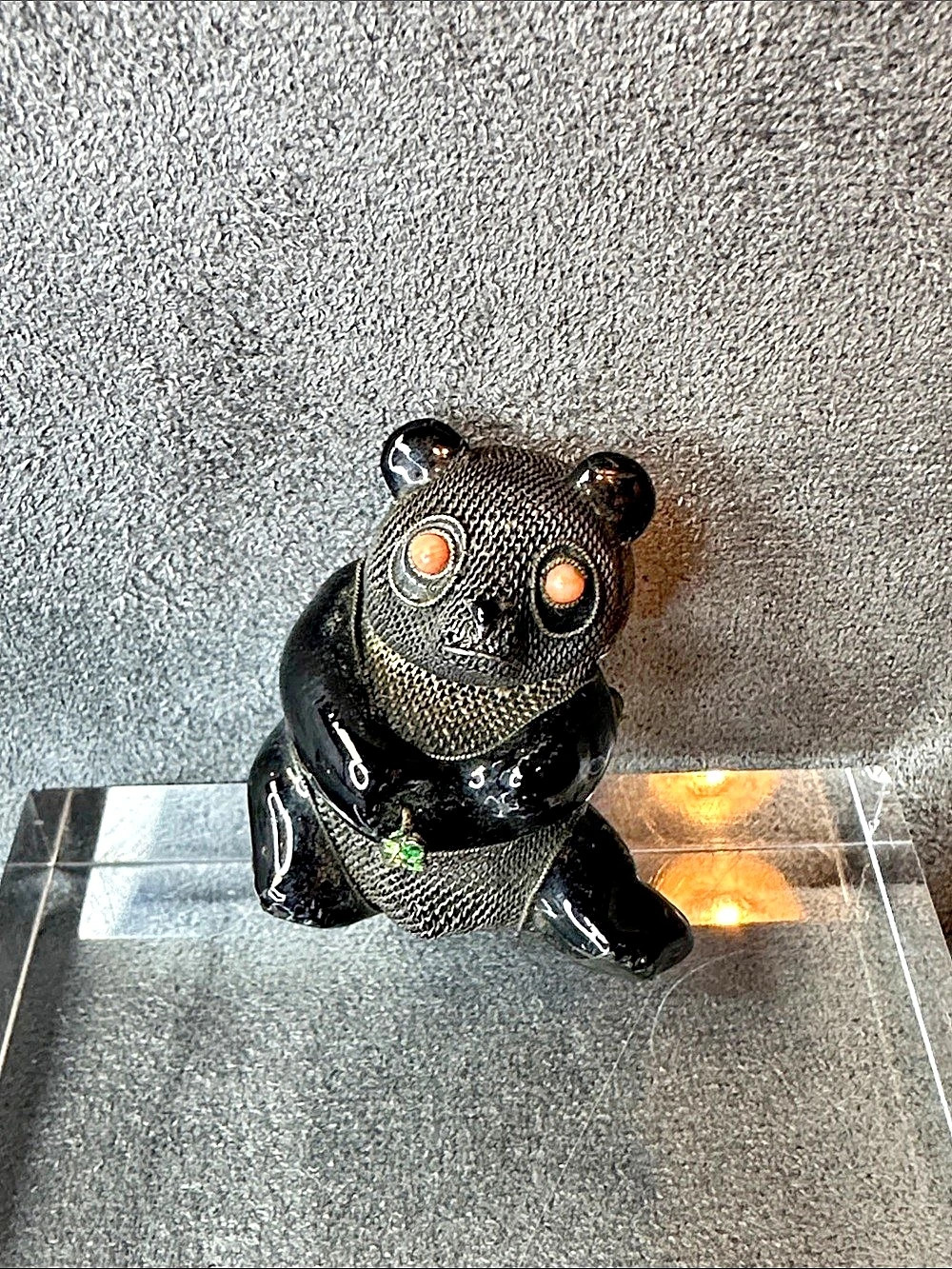 Vintage Chinese Export Silver Filigree Panda Brooch Black & Orange